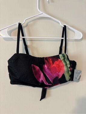 Shade & Shore Black Bandeau Bikini Top Floral Print Tie Back Size D/DD